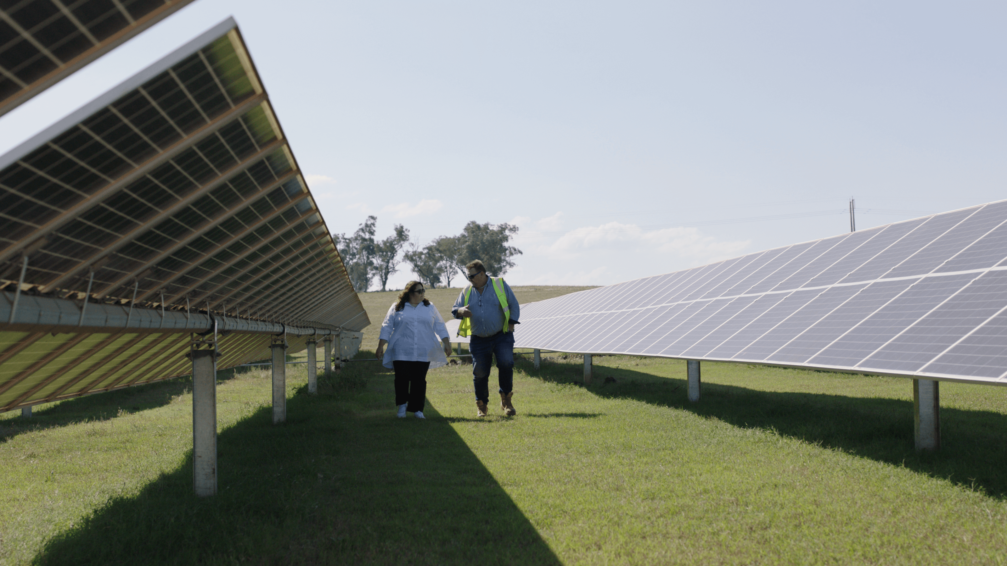 Two people walking between solar arrays