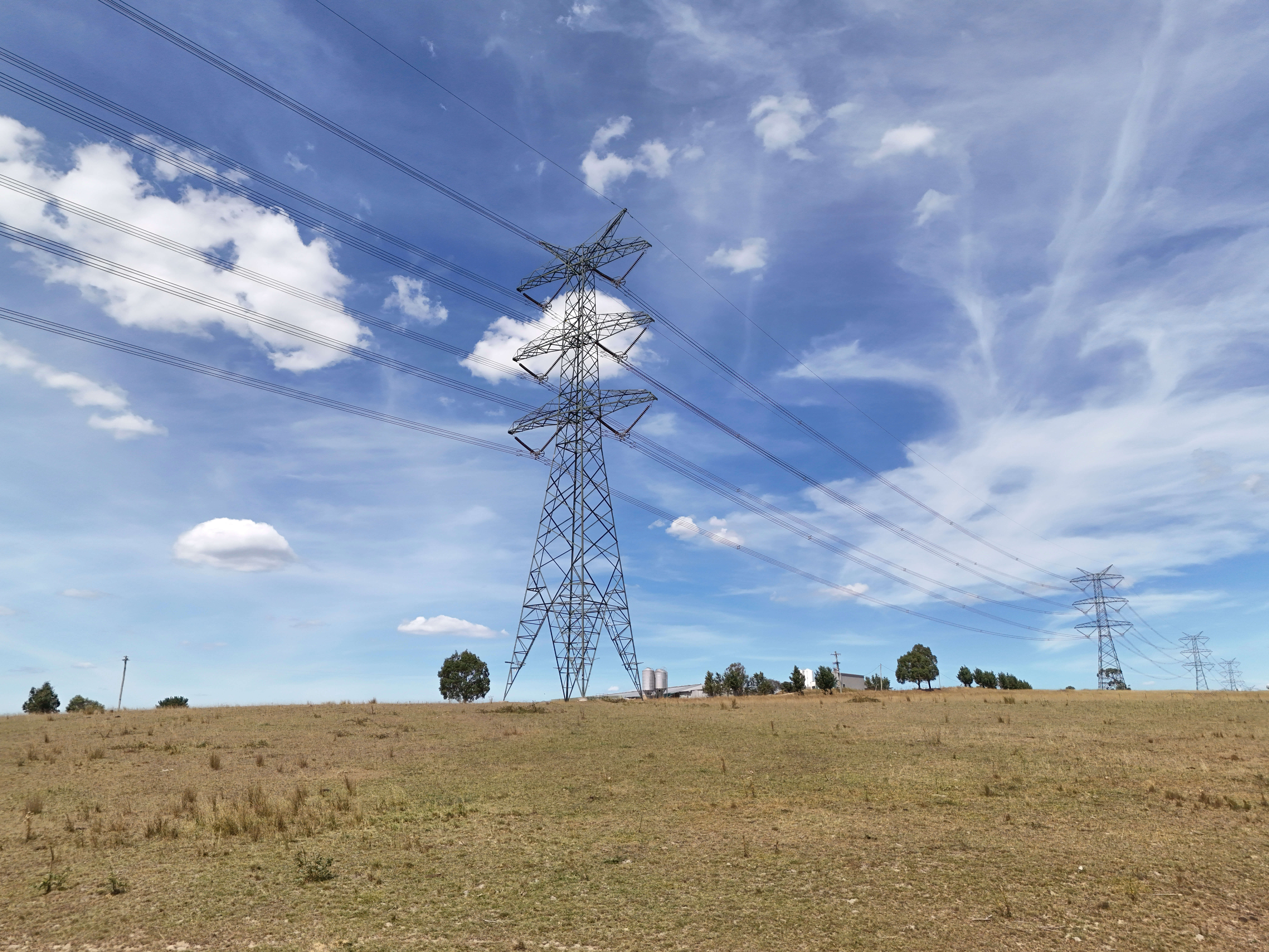 Image of 500KV Tower at Pipers Flat with transmission lines, sparse trees